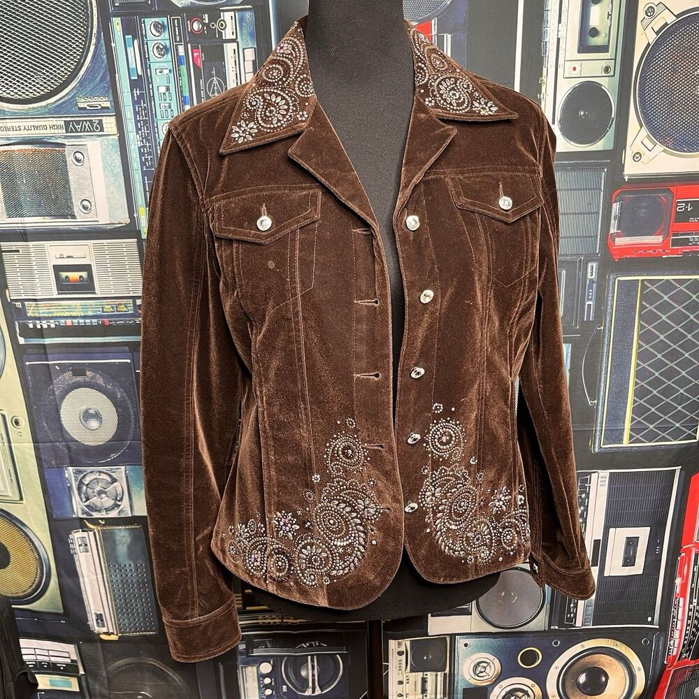 CHRISTINE ALEXANDER Brown Velvet Jacket Rodeo Rhinestone Buttons Medium